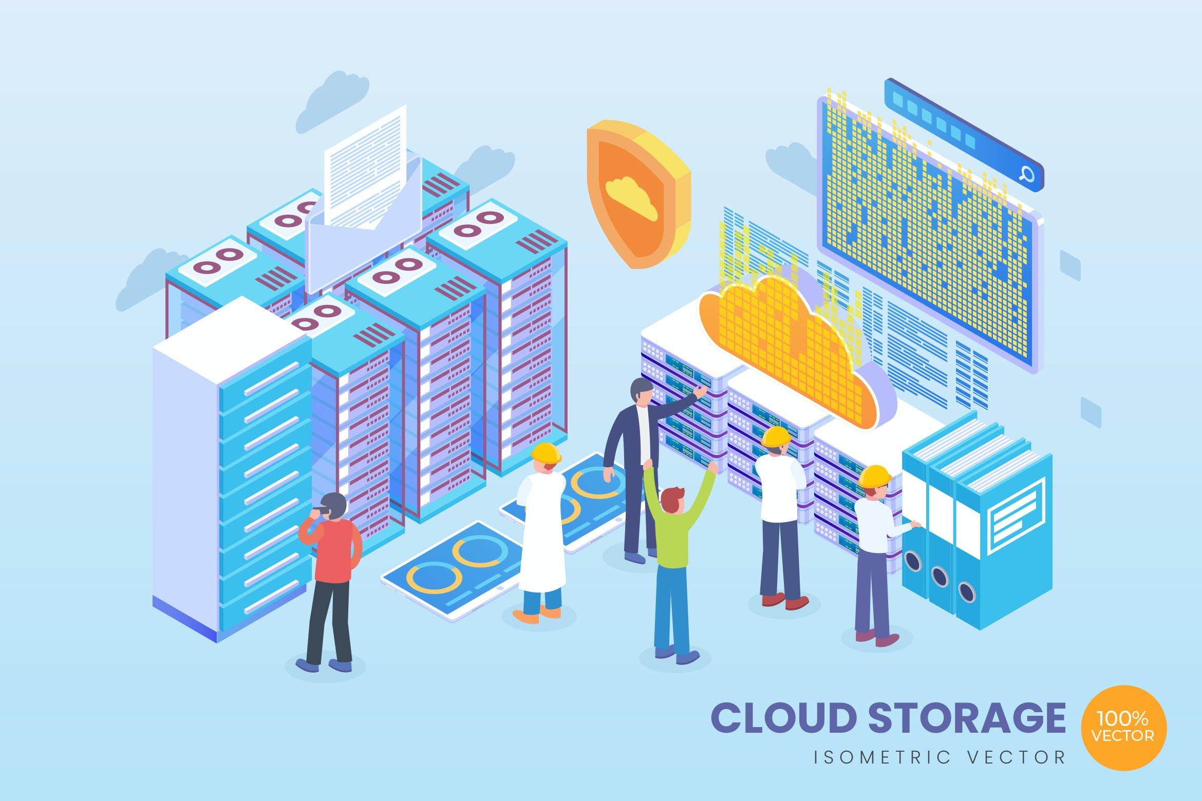 云存储技术2.5D矢量等距概念插画 Isometric Cloud Storage Vector Concept