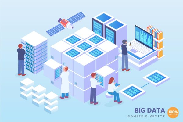大数据存储分析主题等距矢量概念插画 Isometric Big Data Vector Concept Illustration