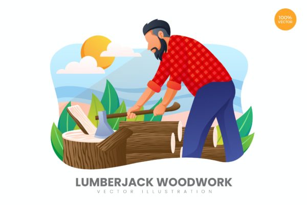 伐木工主题APP&网站设计矢量概念插画 Lumberjack Woodwork Vector Illustration Concept