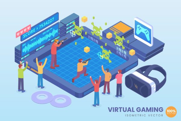 VR虚拟游戏技术主题等距矢量概念插画 Isometric Virtual Gaming Technology Vector Concept