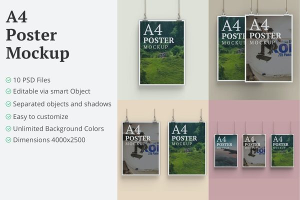 悬挂效果A4尺寸海报展示样机模板 A4 Hanging Poster Mockup – 10 PSD Files