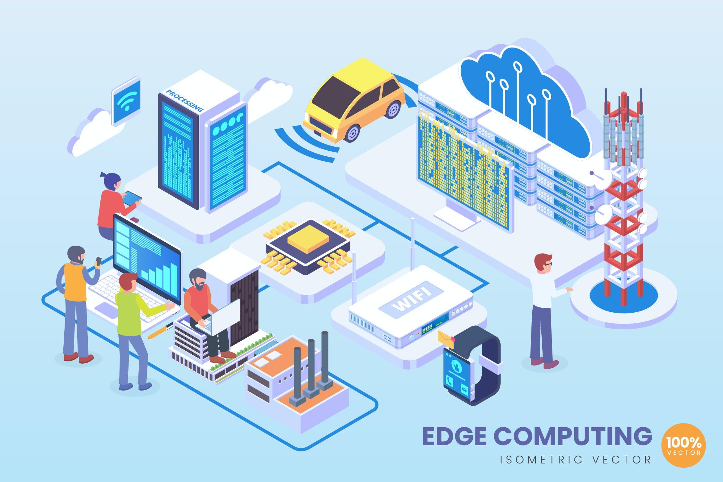 边缘计算技术主题等距矢量概念插画 Isometric Edge Computing Technology Vector Concept