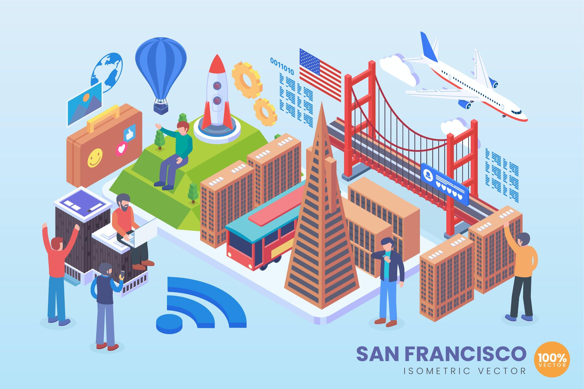 圣弗朗西斯科假日主题2.5D等距概念插画 Isometric San Fransisco Holiday Vector Concept