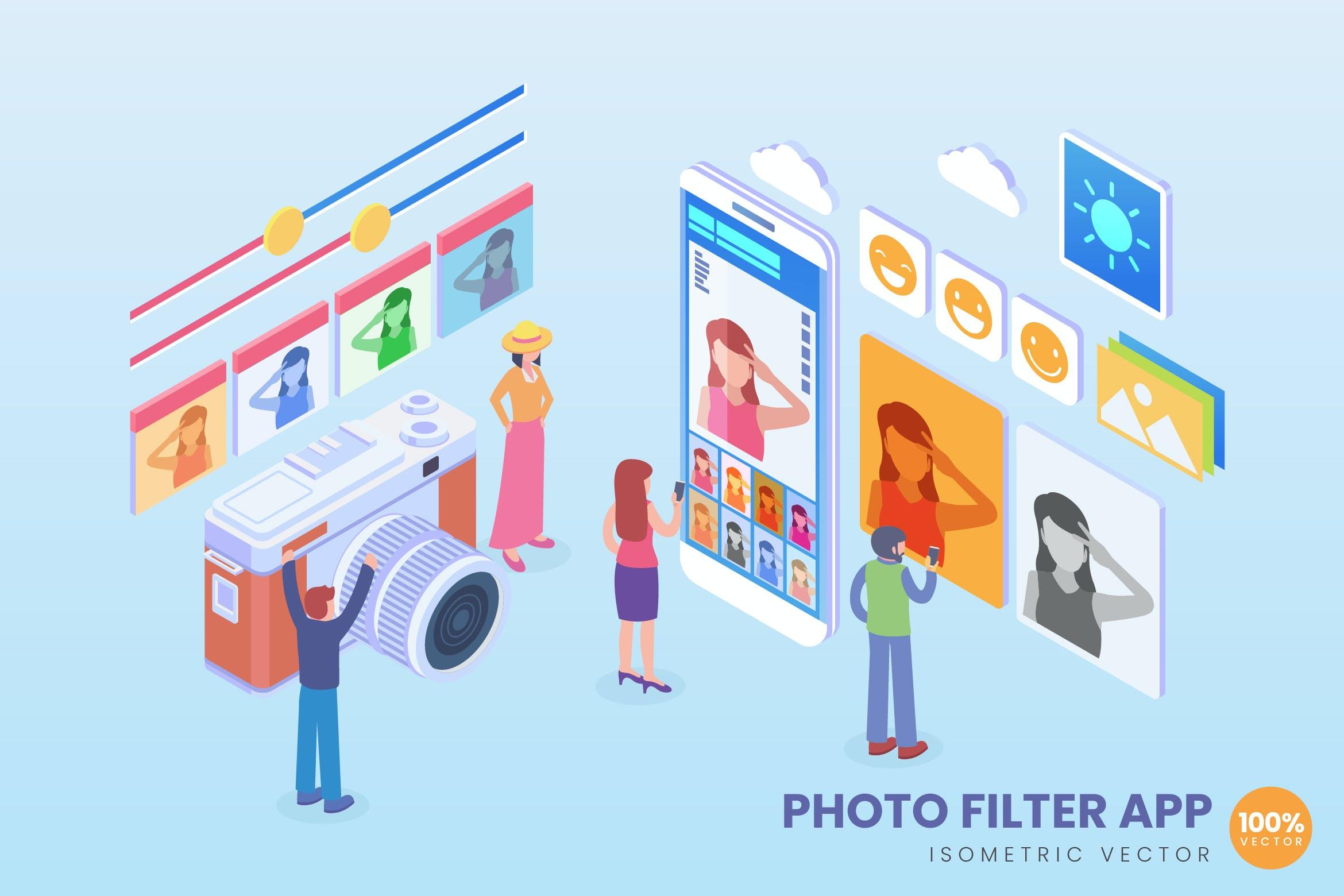 创新照片APP应用主题矢量等距概念插画 Isometric Photo Filter Application Vector Concept