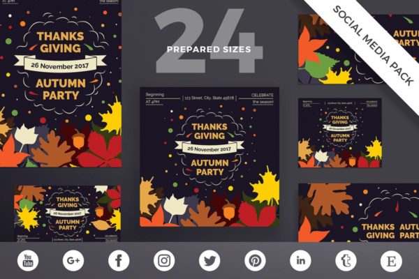 感恩节庆祝活动社交媒体广告图设计模板 Thanksgiving Party Social Media Pack Template