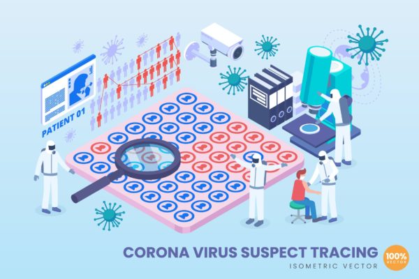 新冠状病毒传播追踪监测等距矢量概念插画 Isometric Corona Virus Suspect Tracking Vector