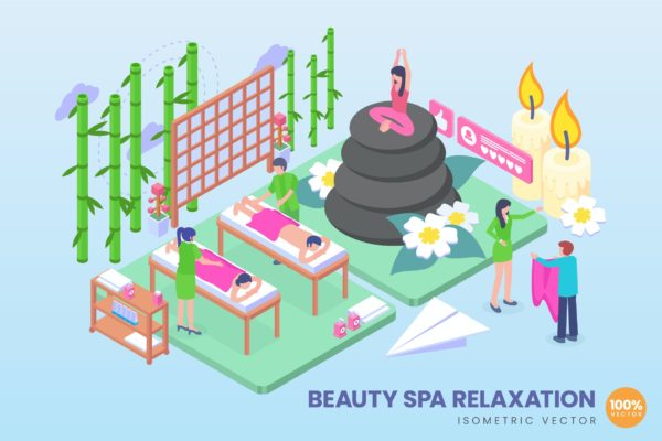 中国式美容SPA中心主题等距矢量概念插画 Isometric Beauty Spa Relaxation Vector Concept