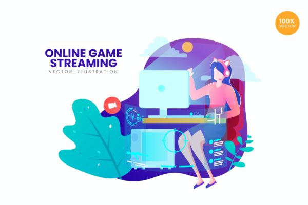 在线游戏流媒体主题APP&网站设计矢量插画 Online Game Streaming Vector Illustration Concept