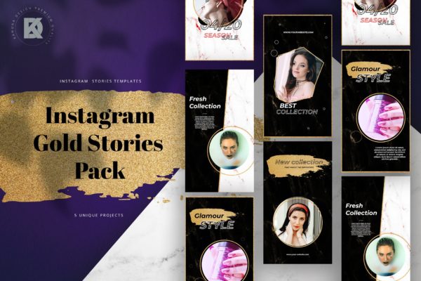 复古人物头像展示Instagram故事贴图模板包 Gold Brush Instagram Stories Pack