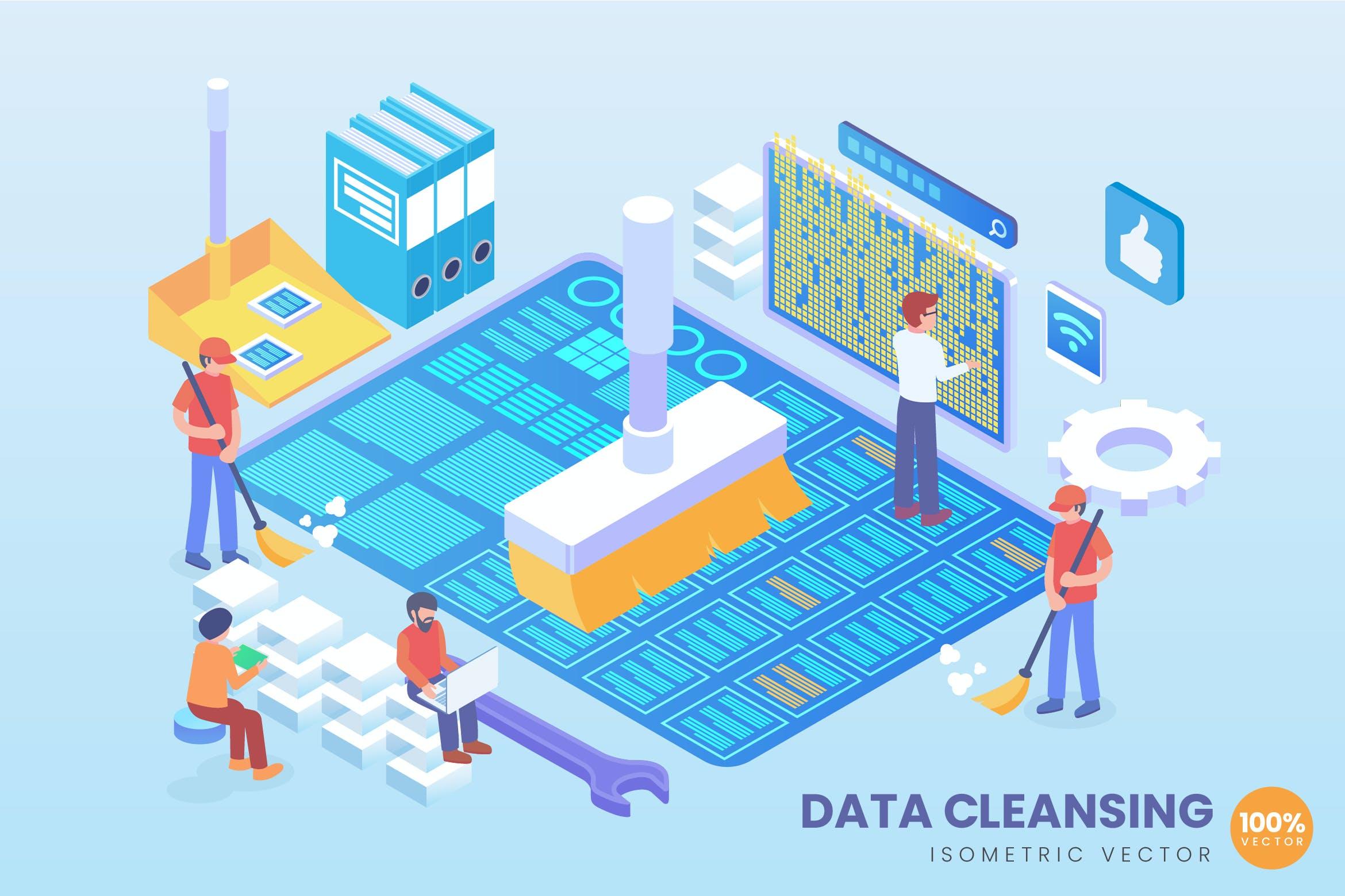 数据清理技术2.5D矢量等距概念插画 Isometric Data Cleansing Vector Concept