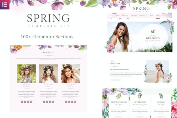 浪漫优雅设计风格女性服务WP网站Elementor模板套件 Spring Watercolor and Floral Template Kit