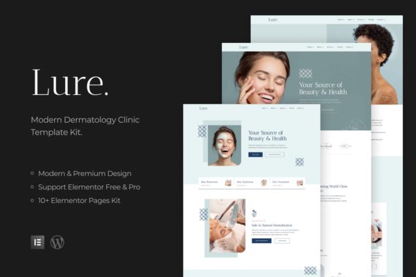 高端护肤品牌WordPress网站设计Elementor模板 Lure – Modern Dermatology Template Kit