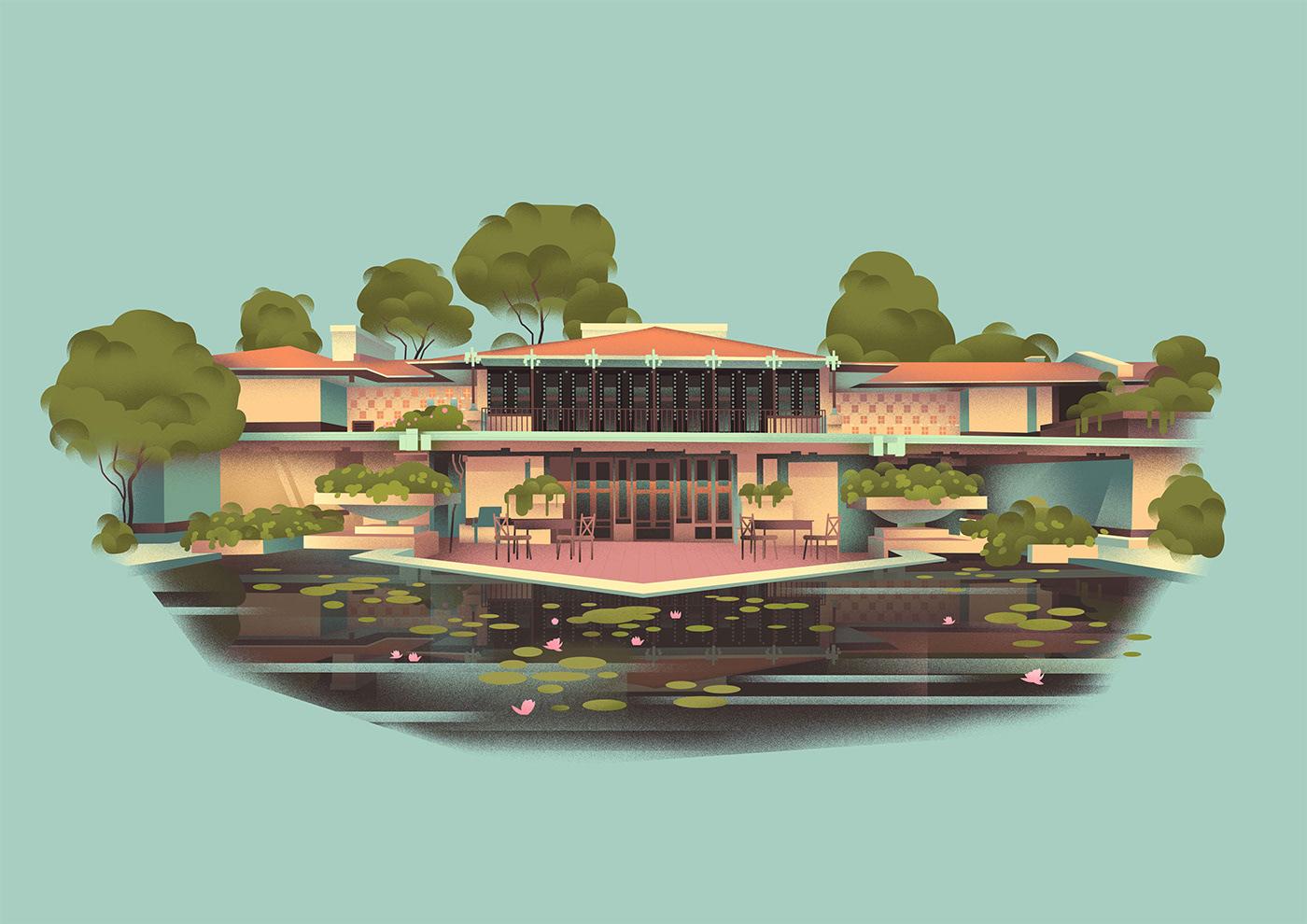 建筑插画欣赏：Muhammed Sajid画笔下的建筑大师赖特作品
