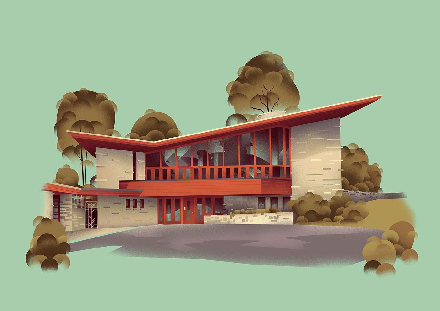 建筑插画欣赏：Muhammed Sajid画笔下的建筑大师赖特作品
