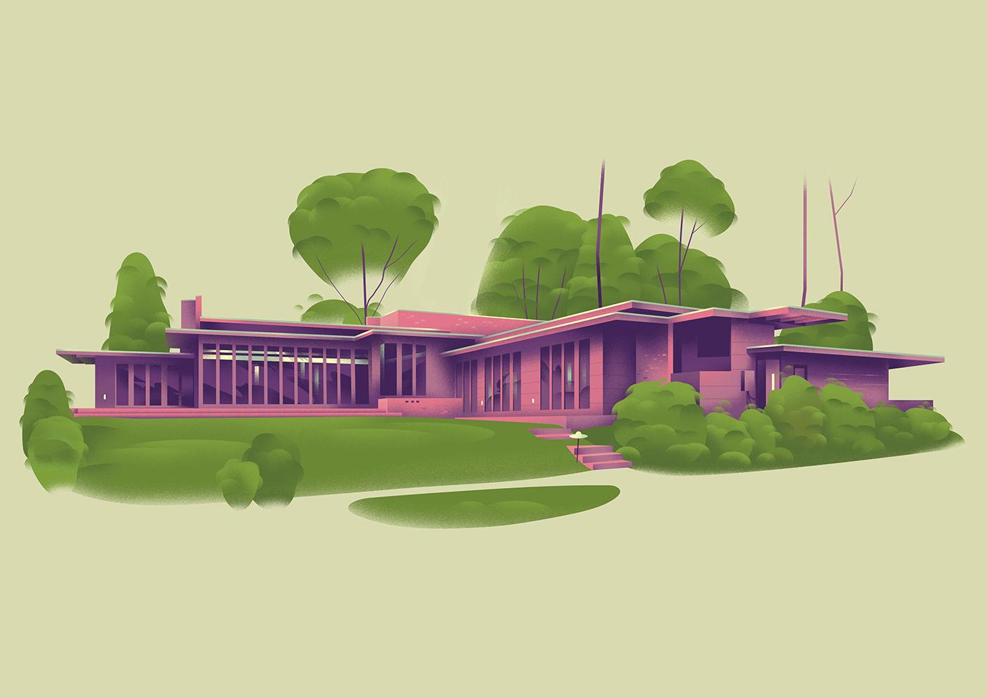 建筑插画欣赏：Muhammed Sajid画笔下的建筑大师赖特作品