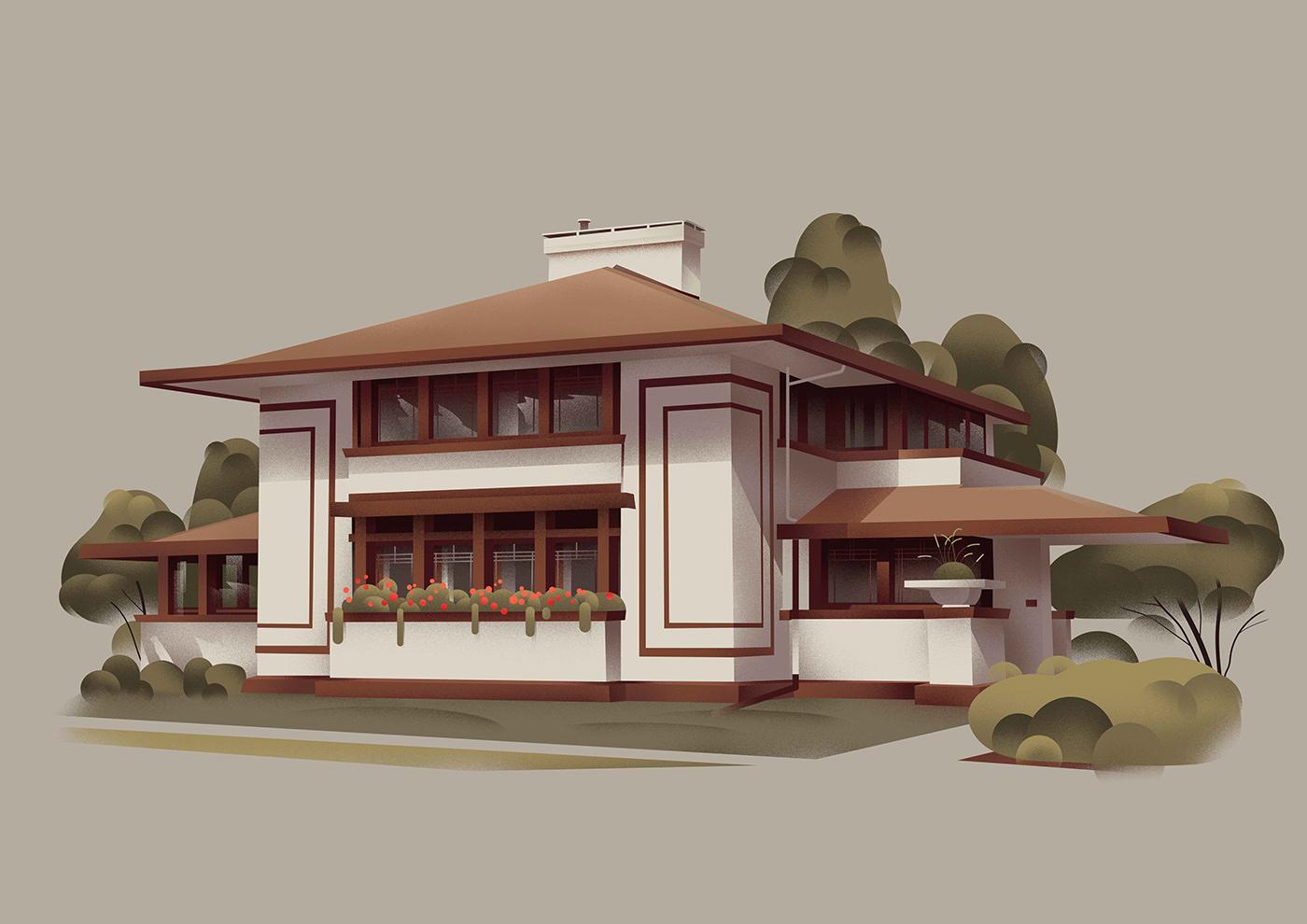 建筑插画欣赏：Muhammed Sajid画笔下的建筑大师赖特作品