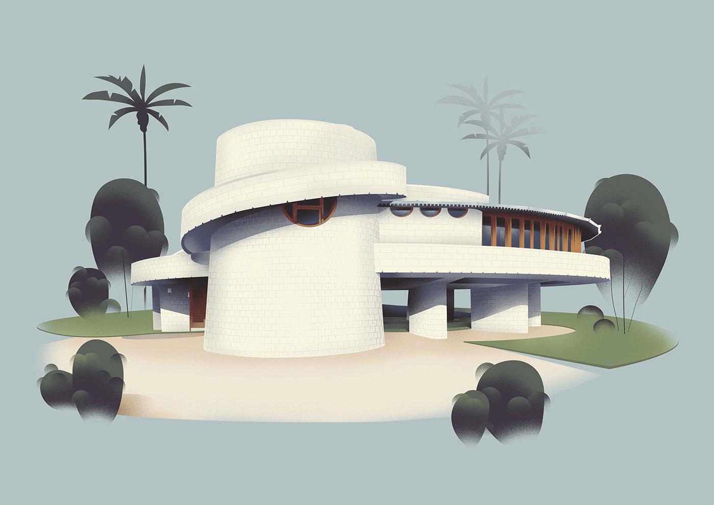 建筑插画欣赏：Muhammed Sajid画笔下的建筑大师赖特作品