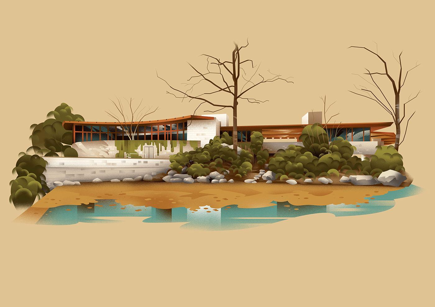 建筑插画欣赏：Muhammed Sajid画笔下的建筑大师赖特作品