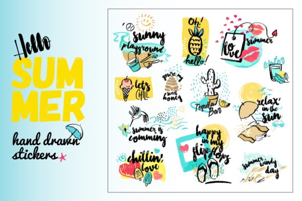 创意简约手绘夏季主题水彩元素 Set of hand drawn watercolor signs of summer.