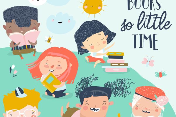 儿童户外阅读场景卡通手绘插画素材v2 Happy kids reading books on green meadow. Vector