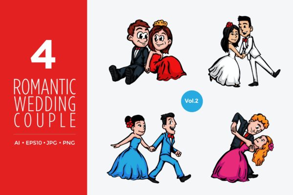 可爱新婚夫妇卡通手绘矢量插画v2 Cute Newlywed Couple Vector Illustration Vol.2