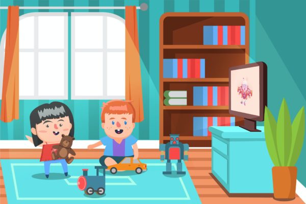 儿童室内活动场景卡通手绘插画设计素材 Living Room Activity – Vector Illustration