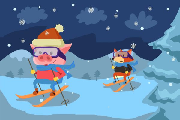 滑雪运动场景卡通手绘插画设计素材v2 Happy Skiing – Vector Illustration