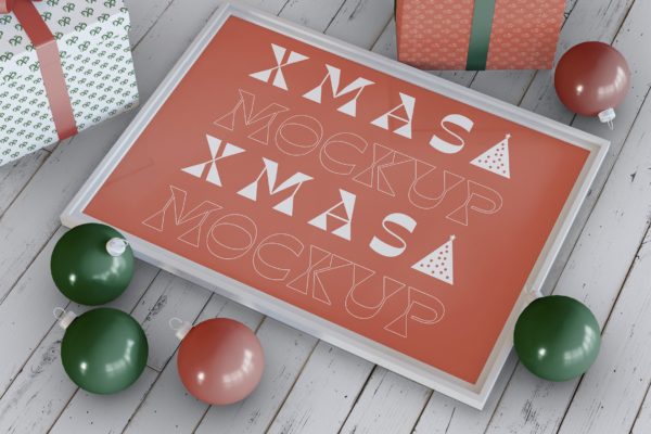 圣诞元素场景画框作品展示样机 Christmas Mockup