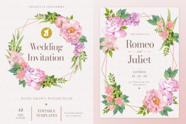 水彩花卉混合装饰婚礼请柬设计素材 Floral Hand-drawn Watercolor Wedding Invitation
