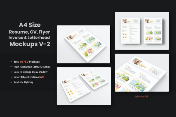 A4纸张尺寸-简历/履历/传单/发票样机 A4 paper Size – Resume, CV, Flyer & Invoice Mockup
