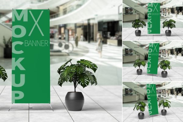 3款逼真室内场景X展架广告样机素材 PSD文件 Realistic X-Banner Mockups 3 PSD Files
