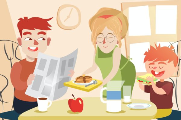 家庭早餐场景卡通手绘插画设计素材 Breakfast with Family – Vector illustration