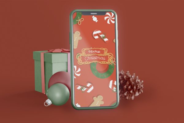 圣诞装饰元素手机屏幕样机 Christmas Mockup