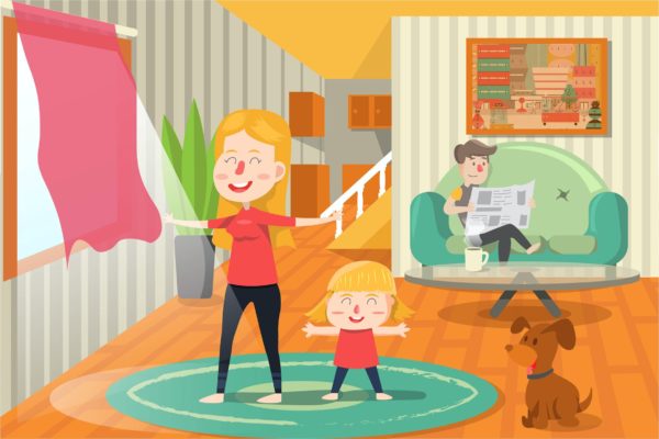 室内晨运场景卡通手绘插画设计素材 Morning Activity – Vector Illustration
