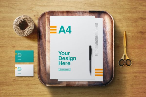 木制托盘信纸文具VI设计样机 Stationery Wooden Tray Mockup