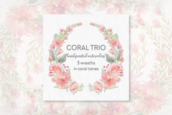 浪漫粉色调水彩花卉花环插画 Coral Trio: 3 Watercolor Wreaths