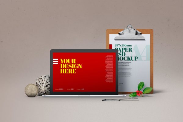 圣诞节A4传单剪贴板&笔记本电脑样机 Christmas A4 Flyer Clipboard Laptop Mockup