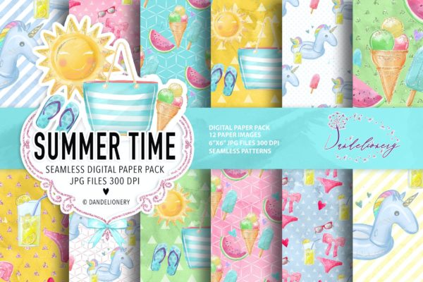 夏季时光水彩数码纸图案设计素材 Summer Time digital paper pack