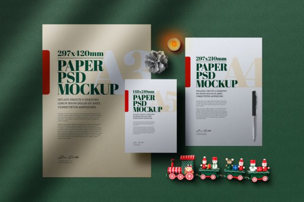 圣诞文具A5/A4/A3尺寸传单海报样机 Christmas Stationery A5 A4 A3 Flyer Poster Mockup