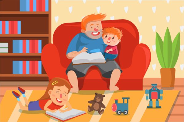 亲子活动场景卡通手绘插画设计素材 Living Room Activity – Vector Illustration