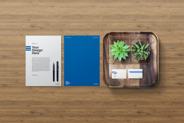 木制托盘名片&办公文具VI样机模板 Stationery Mockup & Wooden Tray