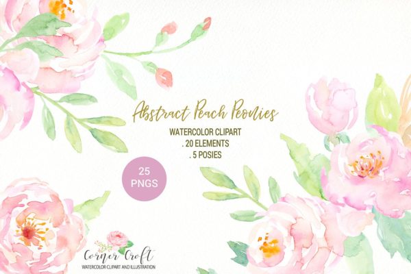抽象水彩桃红牡丹插画素材 Watercolor Peach Peony Clipart