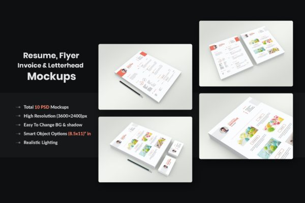 简历/传单/发票/信头样机模板合集 Resume – Flyer – Invoice And Letterhead Mockups