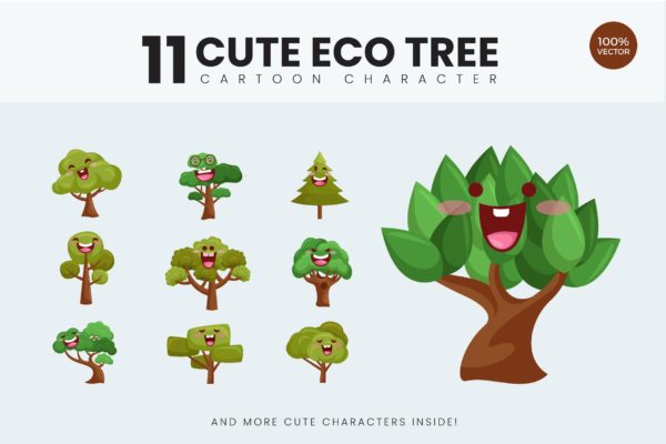 11款卡通风格生态树矢量图形插画素材v1 11 Cute Eco Tree Vector Illustration Vol.1