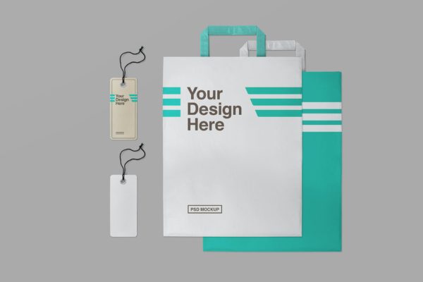 购物纸袋&吊牌标签设计样机模板 Shopping Paper Bag & Label Tag Mockups