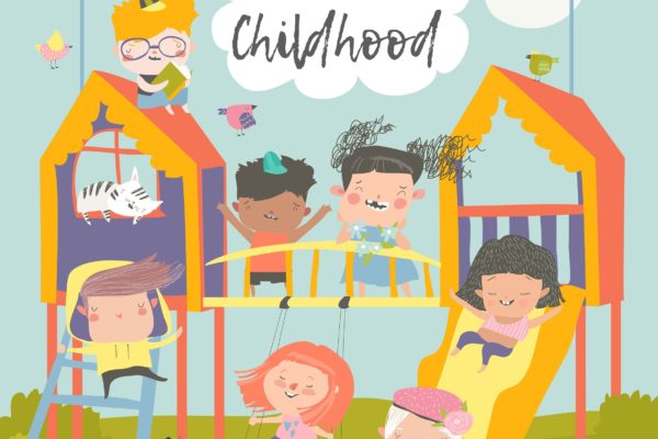 玩耍中的儿童童真主题矢量插画 Children playing at playgroung. Vector