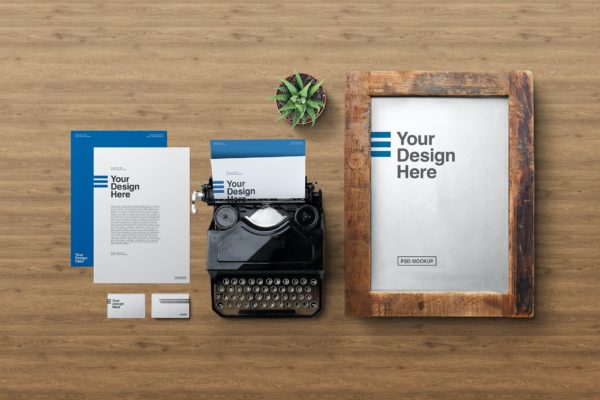 仿古框架&复古打字机&文具样机模板 Rustic Frame, Old Typewriter & Stationery Mockup