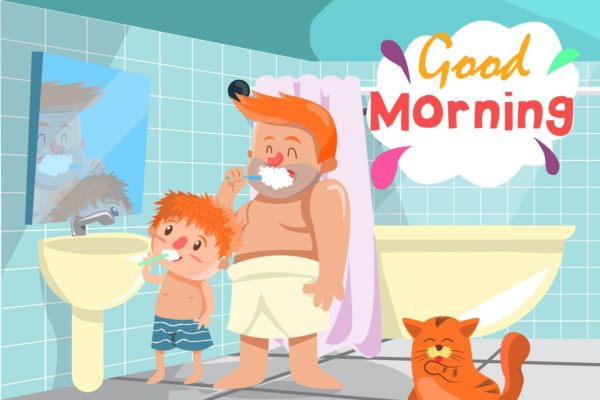 起床洗漱场景卡通手绘插画设计素材 Morning Activity – Vector Illustration