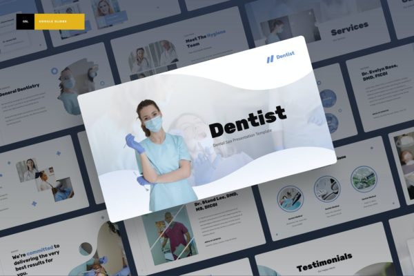 经典极简现代蓝白风牙医牙科水疗谷歌PPT模板 Dentist – Dental Spa Google Slides Presentation