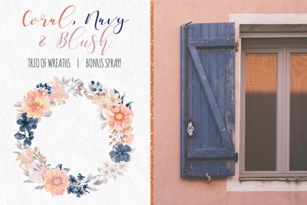 水彩桃红＆海军蓝艺术手绘珊瑚花环插画 Coral, Navy and Blush Watercolor Wreaths